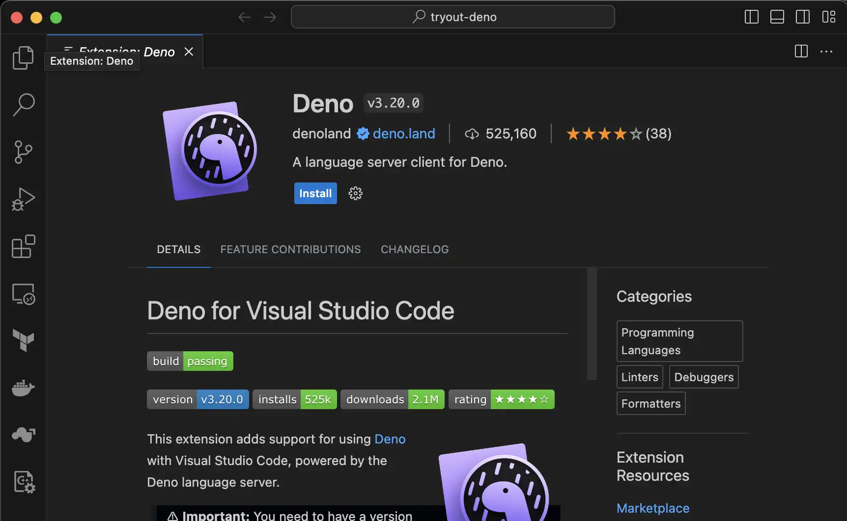 deno vscode plugin page