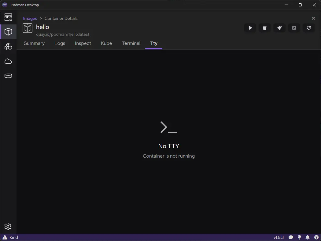 podman desktop tty tab of hello container detail page