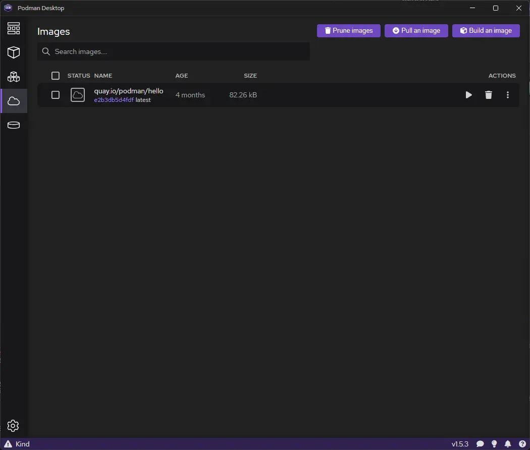 podman desktop images page after pulling hello image