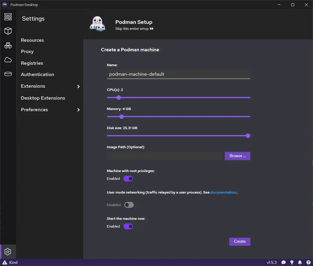 podman machine setup